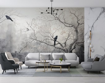 Nature Wall Art For Living Room Black And White Botanical Wallpaper Minimal Bedroom Wallpaper Custom Wall Print Trees And Birds