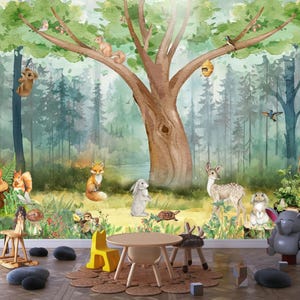 Carta da parati naturale per la camera dei bambini Carta da parati ad acquerello Simpatici animali Vivaio Stampa da parete personalizzata Carta da parati con conigli ad acquerello Murale con buccia e bastone