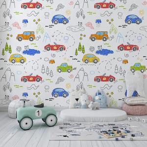 Papel pintado del coche para la habitación de los niños Papel pintado colorido Vehículos Guardería Impresión de pared personalizada Papel pintado de coches de dibujos animados para niños Peel and Stick Mural