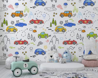 Car Wallpaper For Kids Room Colorful Wallpaper Vehicles Nursery Custom Wall Print Cartoon Cars Wallpaper For Children Peel And Stick Mural