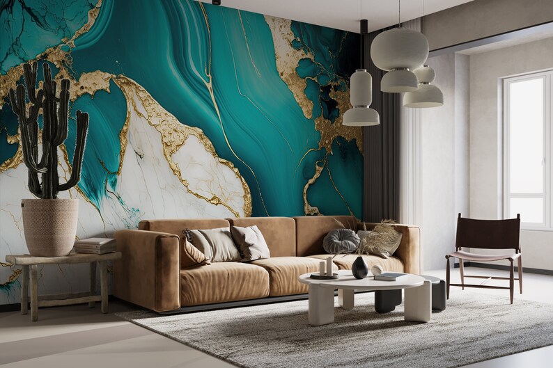 Vibrant Blue and Gold Detailed Marble Full Mural Wallpaper, Elegant ...