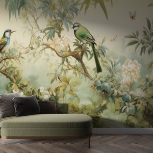 Grüne Natur Wandkunst für Wohnzimmer Grüne Vögel Botanische Tapete Minimale Schlafzimmer Tapete Benutzerdefinierte Wand Tropisches volles Wandbild Kunst