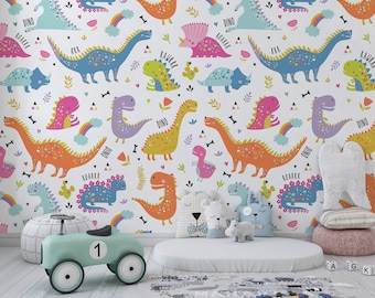 Dinosaur Wallpaper For Kids Room Colorful Wallpaper Trex Nursery Custom Wall Print Cute Dinosaur Wallpaper For Children Peel And Stick Trex