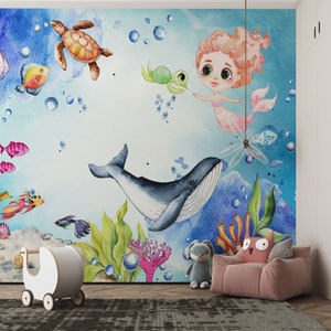 Mermaid Watercolor Wallpaper For Kids Room Blue Ocean Watercolor Wallpaper Pastel Nursery Custom Wall Print Whale Art Wall Decor Full Mural