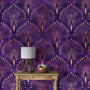 Carta da parati Art Déco per soggiorno, carta da parati viola per camera da letto, carta da parati grunge testurizzata, stampa murale personalizzata, carta da parati con motivo arancione, stacca e attacca