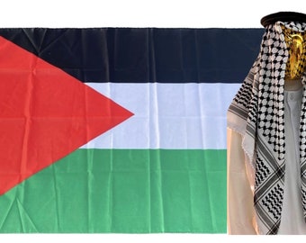 Kufiya/Keffiyeh Zwart-Wit 127x127 cm + Palestina vlag 90x150 cm Combi Deal