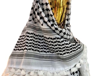 Bufanda Kufiya/Keffiyeh en blanco y negro con hilo dental blanco