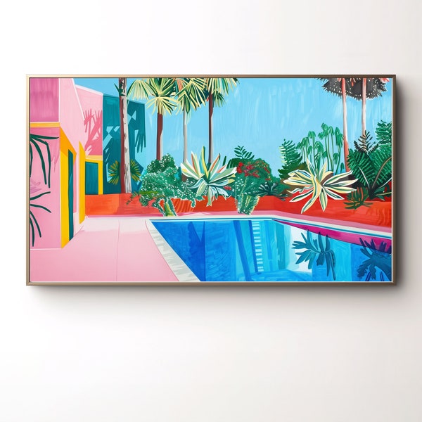 Frame TV Art Summer Mid Century Modern Pool and Tropical Plant Landscape Painting, Bold Pink and Blue Artwork Download for Samsung Frame TV