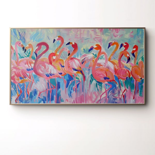 Summer Frame TV Art Flamingos, Colorful and Bright Bird Artwork, Textured Bold Pink Flamingo Digital Art Instant Download for TV or Monitor