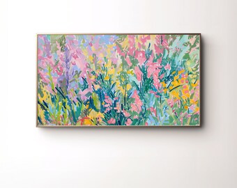 Floral Frame TV Spring Wildflower Painting in Soft Pastel Colors, Pink, Purple and Yellow Flowers, Modern Abstract Floral Samsung Frame TV