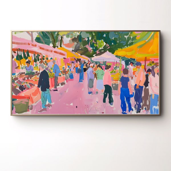 Pink Frame TV Art Modern Farmers Market Cityscape Oil Painting, Aesthetic Frame TV Art, Colorful and Bold Artwork Download Samsung Frame TV