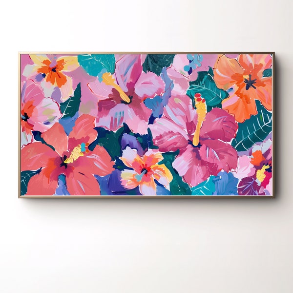 Cadre floral pour téléviseur, peinture à l'huile texturée avec fleurs d'hibiscus, cadre pour téléviseur avec fleurs tropicales roses, téléchargement d'oeuvres d'art estivales à télécharger pour Samsung Frame TV