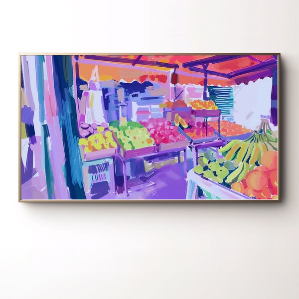 Samsung Frame TV Art Farmers Market Fruit Stands in Bold and Bright Colors Modern Cityscape Gouache Painting, Purple Art, Digital Download,