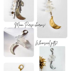 May include: Collection of moon-shaped purse charms with star and crystal accents. The charms are in gold and silver tones, with the text "Moon Purse charms!" and "Whimsical gifts!" displayed.