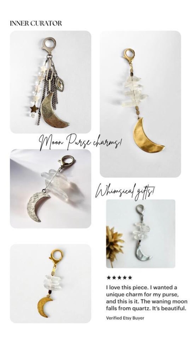 May include: Collection of moon-shaped purse charms with star and crystal accents. The charms are in gold and silver tones, with the text "Moon Purse charms!" and "Whimsical gifts!" displayed.