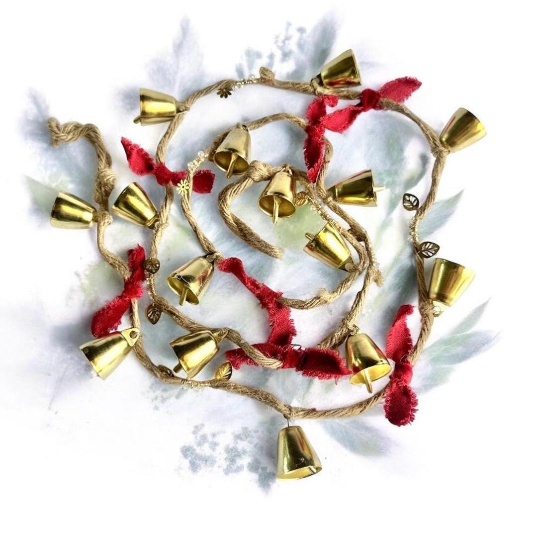 Christmas Garland Red Velvet Ribbon Handmade Christmas Bells Rustic ...