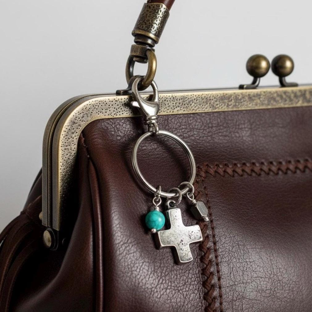 Silver Cross Purse Charm and Keychain Real Turquoise Jewelry Gift for Her Southwestern Style Large Clip Bag Accessory Silver Jewelry Gift