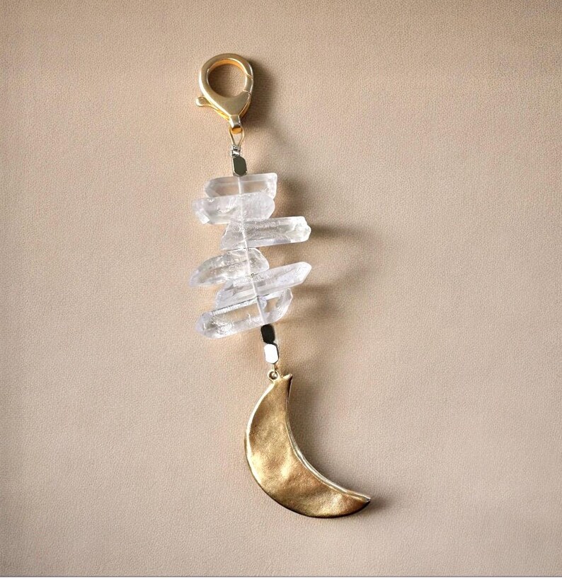Moon Jewelry Clear Quartz Crystal Keychain Silver Purse Charm Jewelry Waning Crescent Moon Bag Accessory Charm Silver Jewelry Moon Lover image 19