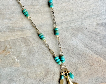 Dove Pendant Necklace Handmade Gift with Turquoise and gold plating