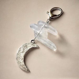Moon Jewelry Clear Quartz Crystal Keychain Silver Purse Charm Jewelry Waning Crescent Moon Bag Accessory Charm Silver Jewelry Moon Lover image 1