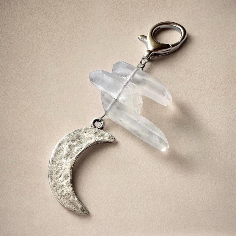 Moon Jewelry Clear Quartz Crystal Keychain Silver Purse Charm Jewelry Waning Crescent Moon Bag Accessory Charm Silver Jewelry Moon Lover image 1