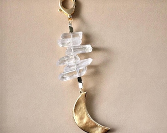 Gold Moon Bag Charm Gold Jewelry Quartz Crystal Keychain Waning Crescent Moon Charm Boho Bag Accessories Moon Lover Stocking Gifts for Her