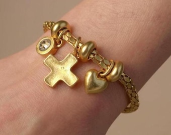 Gold Charm Bracelet Vintage Style Cross Bracelet Christian Gift for Her Beads and Charms Crystal Jewelry Thoughtful Gifts For Women