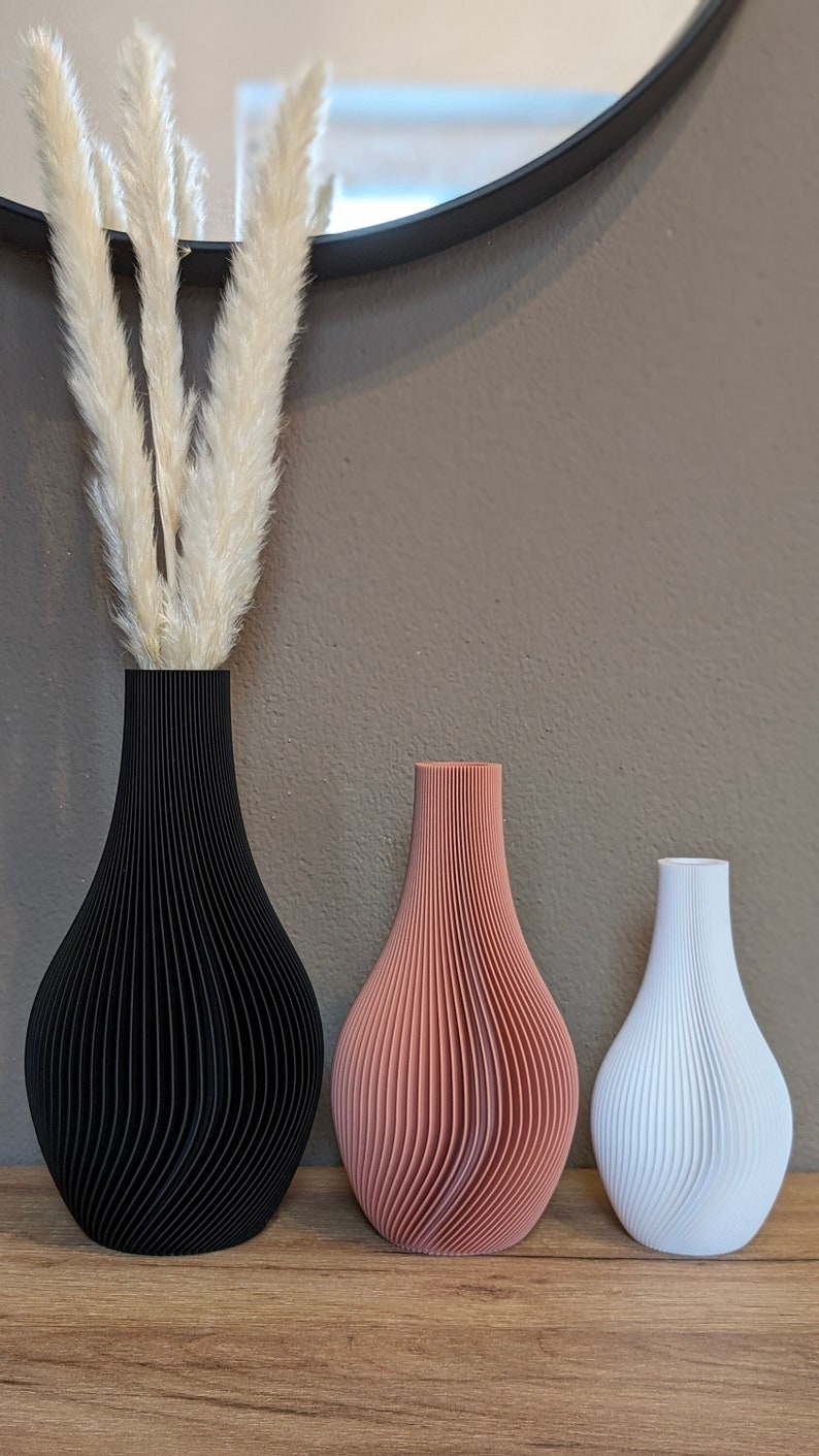 3er Set Vase Lunar Dekovase 3D Blumenvase Trockenblumen modernes Design Rillen Dekoration Pampasgras Eukalyptus Bouquet Bild 1