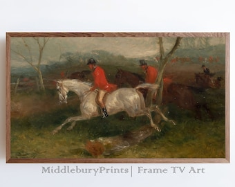 Vintage Frame TV Art | Equestrian Fox Hunt Oil Painting Digital Download