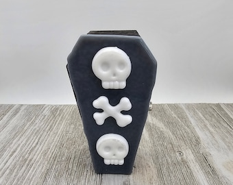 Wooden Coffin Box, Fused Glass Embellishments, Skulls and Crossbones, Trinket Box, Small Jewelry Holder, Gothic Decor