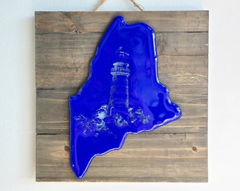 State of Maine, Maine Art, Lighthouse Decor, Fused Glass Art, Maine Gifts, Glass on Wood, Cobalt Blue, Wall Decorations