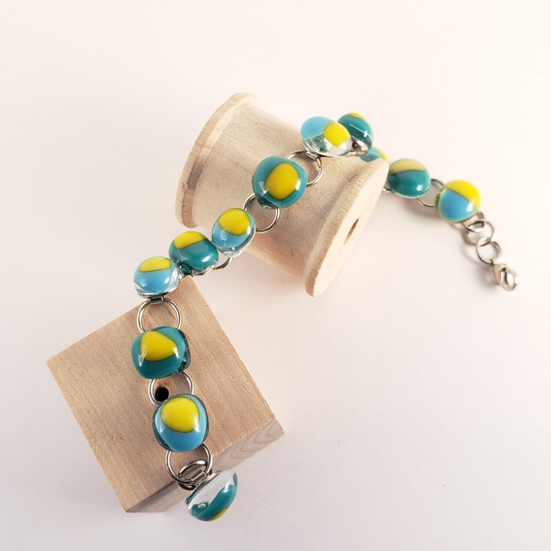 Fused glass chain linked bracelet  teal and yellow  silver image 0