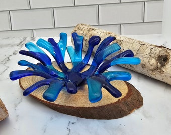 Fused Glass Tealight Holder, Glass Coral Bowl, Small Glass Bowl, Gift for Mom, Shades of Blue, Flared Edge Candle Holder