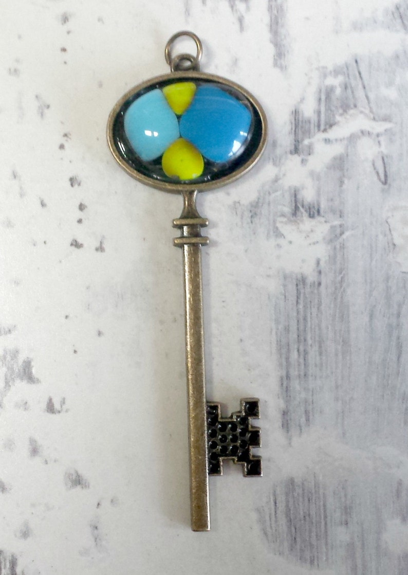 Bronze fused glass embellished skeleton key  key pendant  image 0