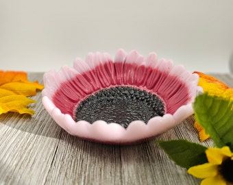 Glass Sunflower Bowl, Fused Glass Bowl, Sunflower Dish, Decorative Bowl, Pink Flower