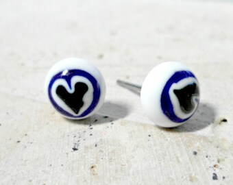 Glass heart jewelry, Fused glass stud earrings, Love earrings, silver plated post earrings, millefiori glass