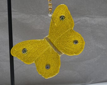 Fused Glass Butterfly Suncatcher Yellow Window Hanging Rear View Mirror Charm