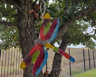 Handmade Fused Glass Rainbow Dragonfly Suncatcher | Vibrant Window & Garden Decor