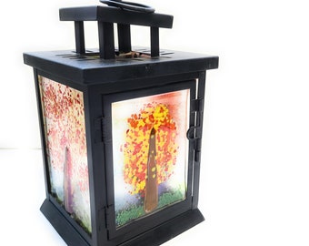 Fused Glass Lantern, Autumn Tree, Lantern Decor, Battery Candle Holder