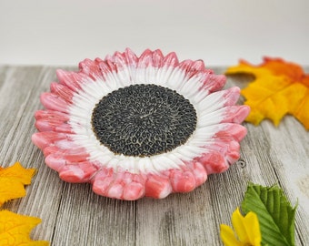 Glass Sunflower Bowl, Fused Glass Bowl, Sunflower Dish, Decorative Bowl, Pink and White Flower