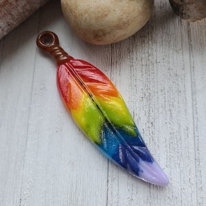 Fused Glass Feather Ornament: Rainbow Cabochon Pendant, 5 inch