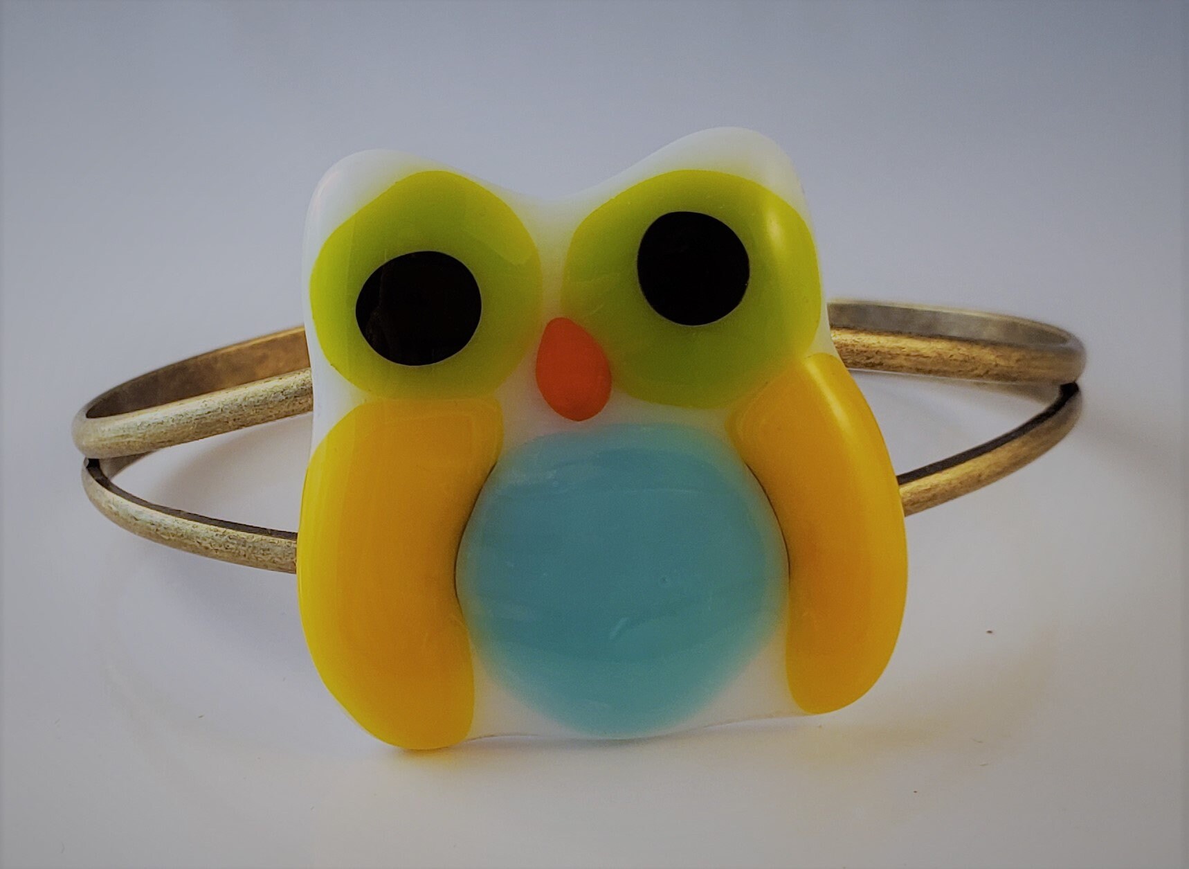 Fused Glass Owl Bracelet: Antique Brass Bangle, Whimsical Jewelry