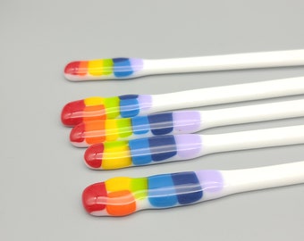 Handmade Rainbow Fused Glass Swizzle Stick - Unique Drink Stirrer - Rainbow stir sticks - 7 in.