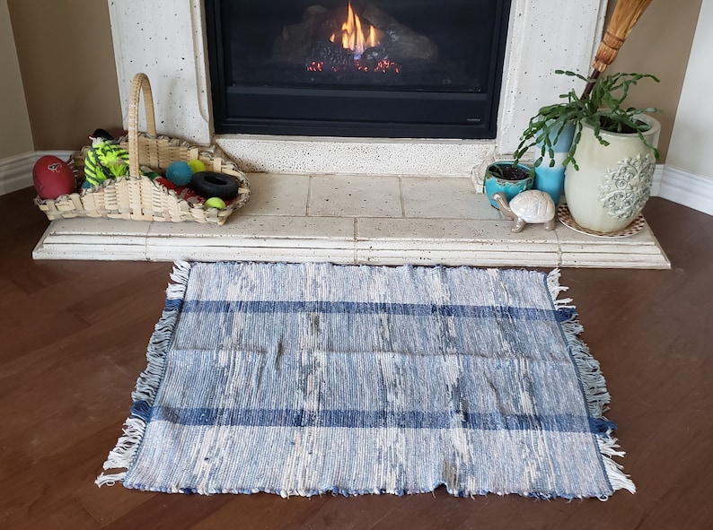 Hand woven rag rug  recycled fabric mat  upcycled country image 0