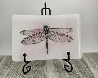 Handmade Fused Glass Dragonfly Dish | White Glass with Soft Pink Accent | Functional & Decorative