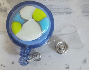Fused Glass Retractable Badge Reel: Blue, Green, and Vanilla ID Holder
