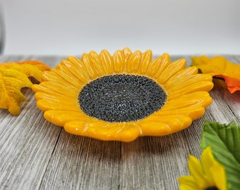 Sunflower Dish, Fused Glass Bowl, Trinket Tray, Candle Holder, Yellow Sunflower, Brown and Yellow