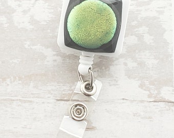 Fused Glass Badge Reel: Iridescent Dichroic ID Tag