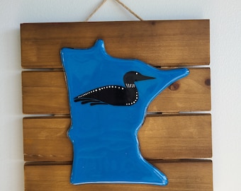 Fused Glass Minnesota Art: Loon Bird Wood Wall Decor