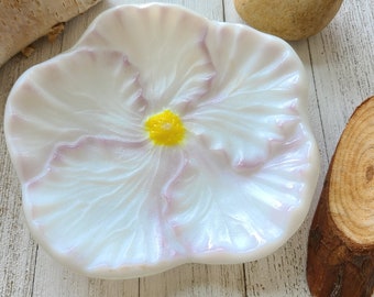 Hibiscus Dish, Glass Hibiscus, Fused Glass Bowl, Flower Trinket Dish, Hibiscus Decor, Flower Gift, White and Purple Flower